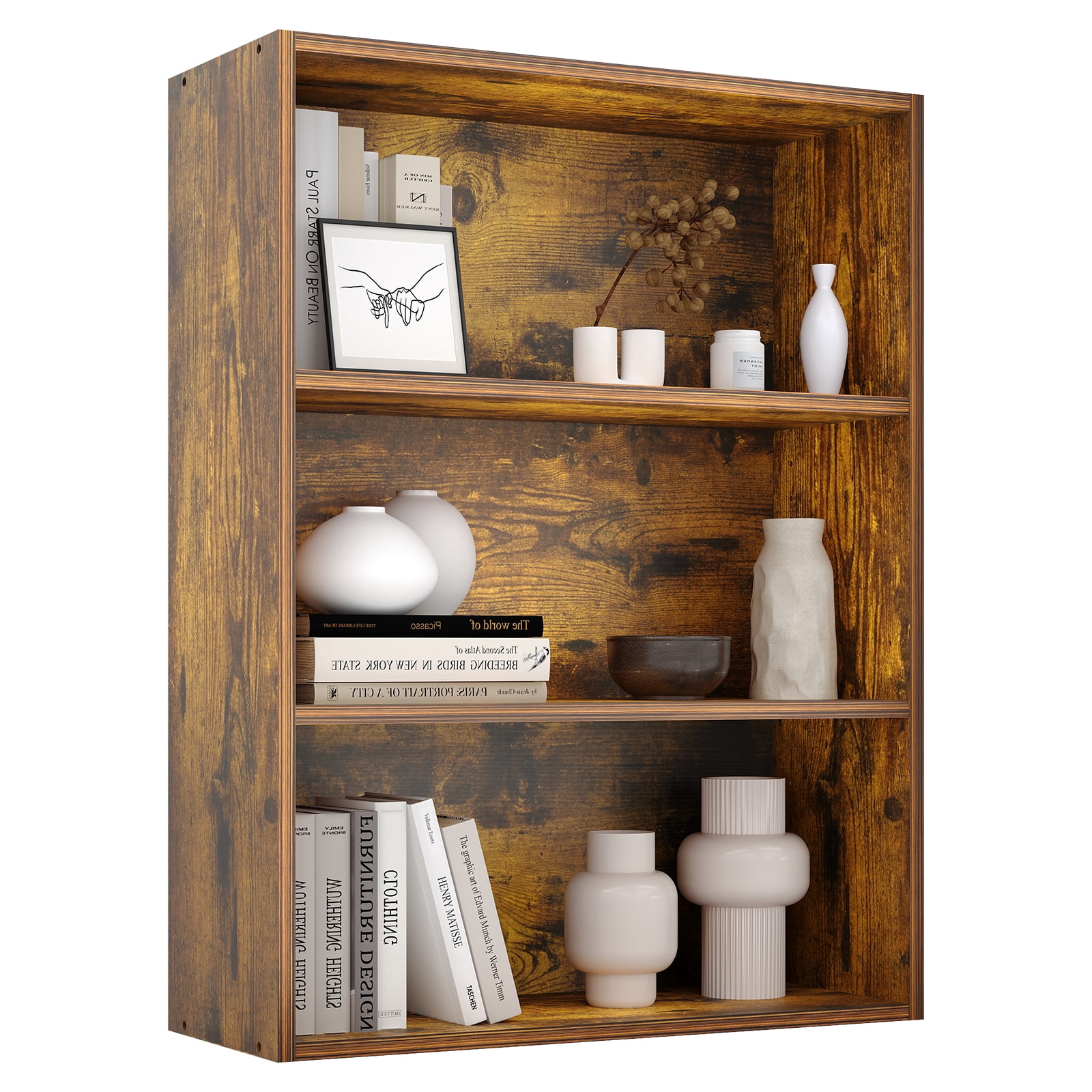 Gianna 3-Tier Bookshelves with Adjustable Shelves, Floor Standing Bookcase for Home & Office Storage, Rustic Brown
