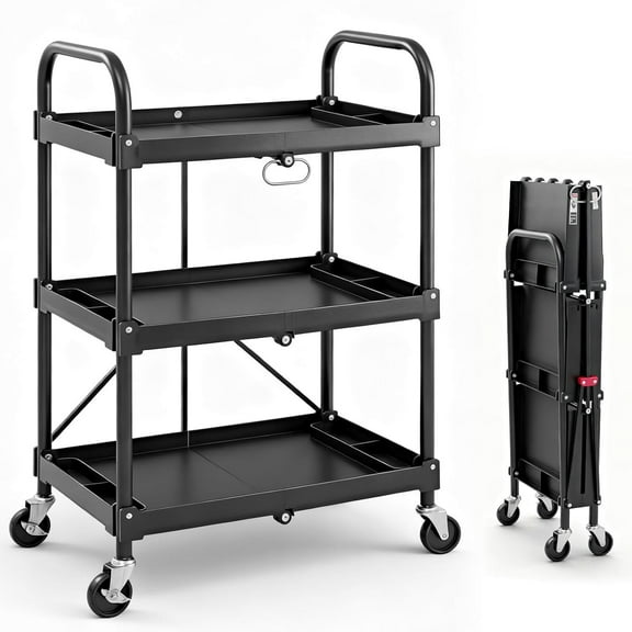 Gianna 3-Tier Folding Utility Cart, Collapsible Service Cart with 4 Swivel Wheels & Brakes, 120LBS Capacity & Collapsible Storage Rolling Cart for Kitchen, Office, Black
