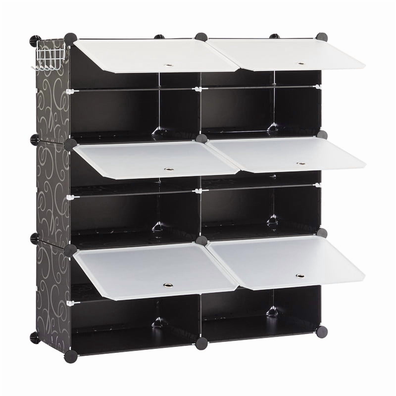 Gianna 3-Tier Shoe Rack with Side Hooks, 24-Pair Capacity Sturdy Metal Frame Storage Organizer, White&Black Plastic Panel Shelf for Entryway, Bedroom&Dressing Room，Black