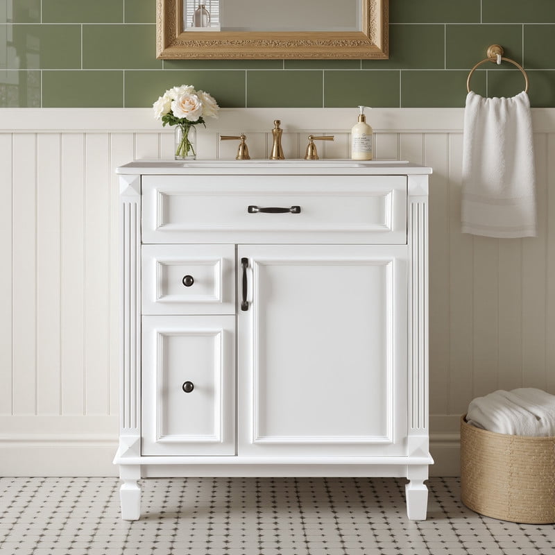 Gianna 30" Bathroom Vanity with Sink, Bathroom Storage Vanity Sink with 1 Door&3 Drawers,Free Standing Bathroom Cabinet with Sink, Easy Assembly, NO Mirror Faucet (White)