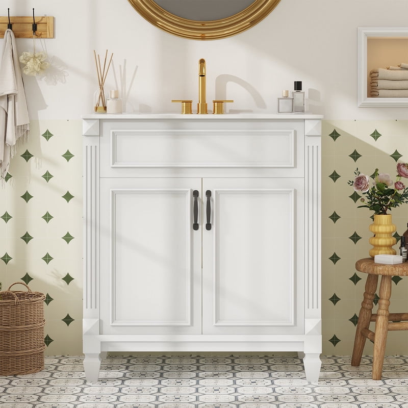 Gianna 30" Bathroom Vanity with Sink, Bathroom Storage Vanity Sink with 2 Doors, Farmhouse Wooden Free Standing Bathroom Cabinet with Sink, Easy Assembly, NO Mirror Faucet (White)
