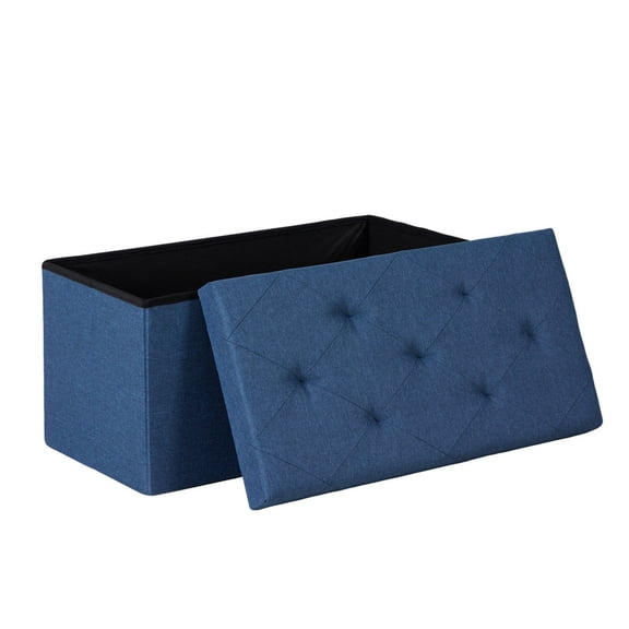 Gianna 30 Inch Folding Ottoman With Storage Bench, Bedside Storage Bench With Linen Top Cover and Cushion, Footrest Suitable for Bedroom, Living Room, Blue