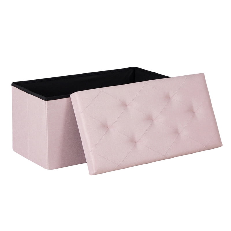 Gianna 30 Inch Folding Ottoman With Storage Bench, Bedside Storage Bench With Linen Top Cover and Cushion, Footrest Suitable for Bedroom, Living Room, Pink