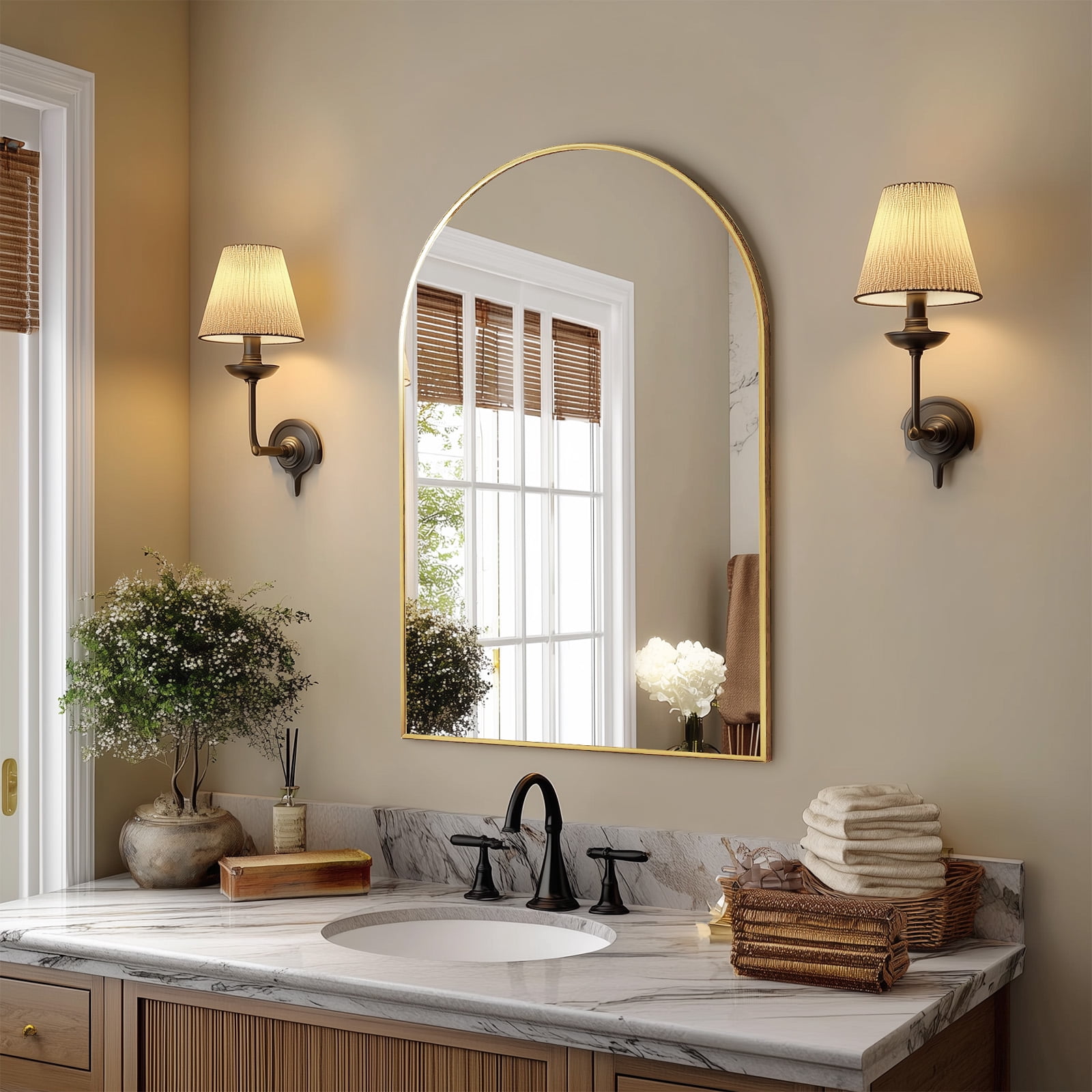 Gianna 22"x30" Arched Wall Mirror, Modern Aluminum Frame Decorative Mirror for Bathroom, Bedroom, Living Room, or Entryway, Gold