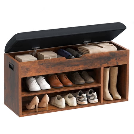 Gianna 31" Lift Top Shoe Storage Bench, 3-Tier Adjustable Shelf Entryway Bench with Cushion, Metal & Wood Shoe Rack Organizer for Entryway, Bedroom