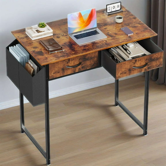 Gianna 32 Inch Desk with 2 Drawers Home Office Computer PC Table with Fabric Storage Bag, Study Writing Wood Deskboard for Small Spaces,Rust Brown