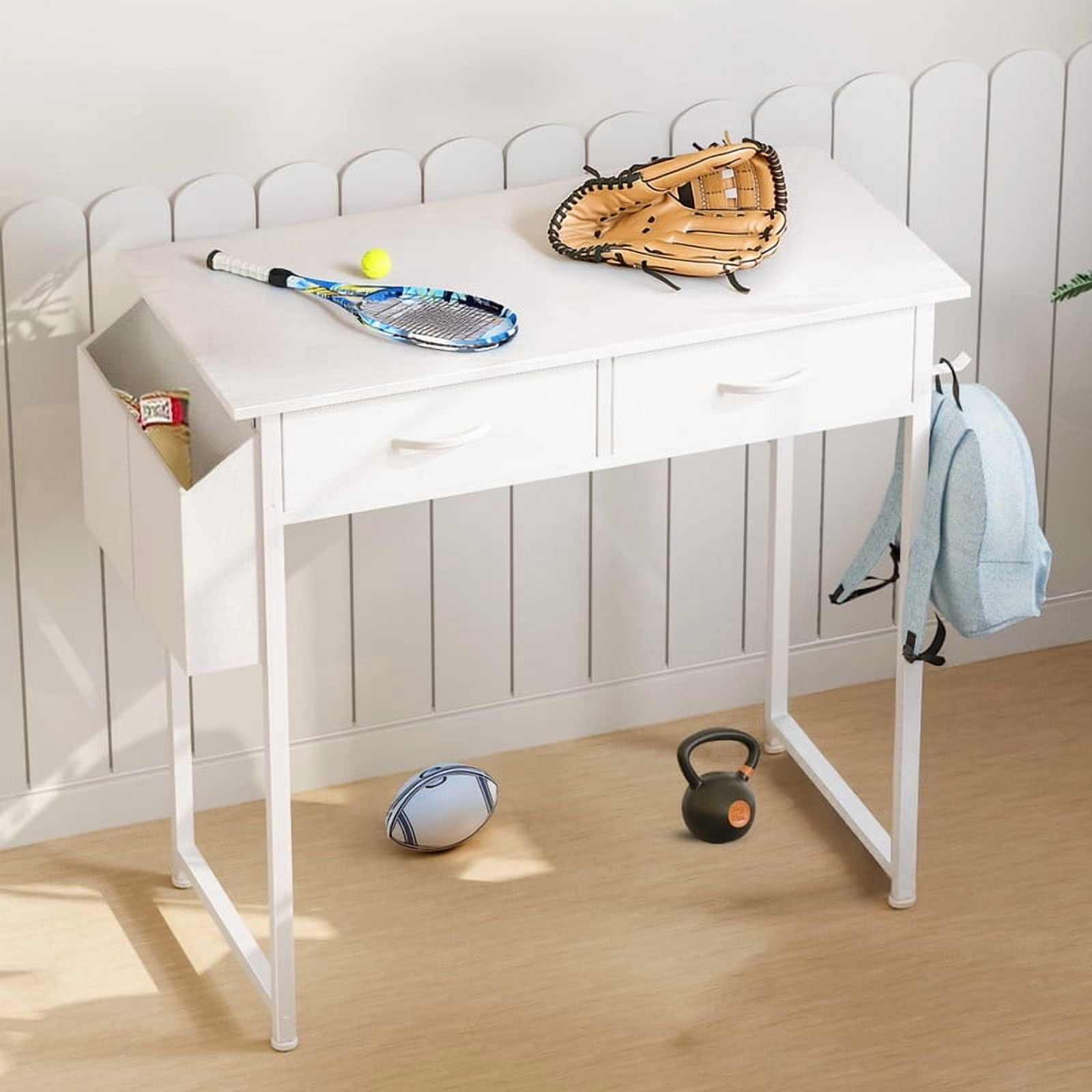 EDX 32 Inch Desk with 2 Drawers Bedroom Vanity Home Office Computer PC Table with Fabric Storage Bag, White-2