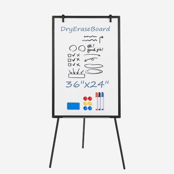 Gianna 36 x 24 Inches Magnetic White Board Dry Erase, Porbable Boards Height Adjustable, Dry Erase Board with Stand for School, Office and Home, Silver Aluminium Frame, Black