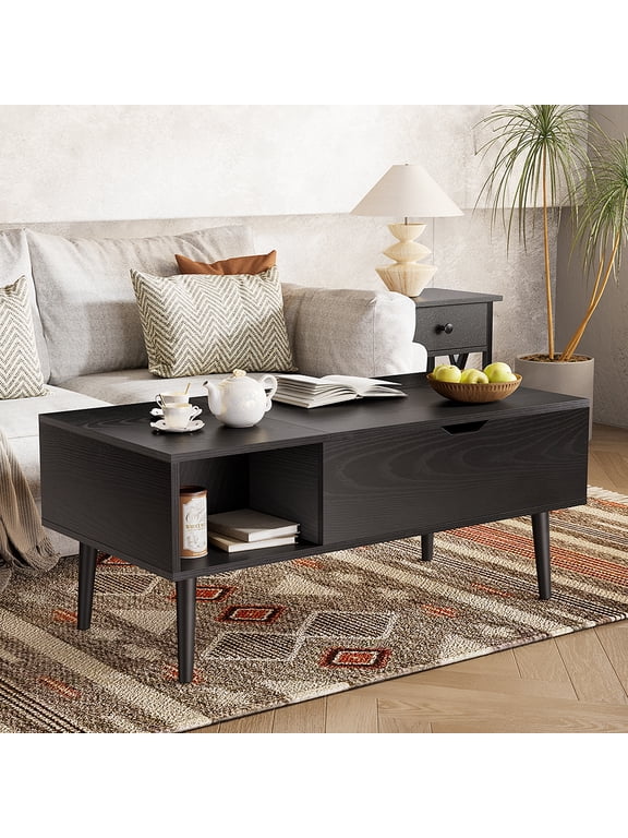 39.4"Lx19.6"Wx17.4"H Wood Lift Top Coffee Table with Hidden Compartment and Adjustable Storage Shelf