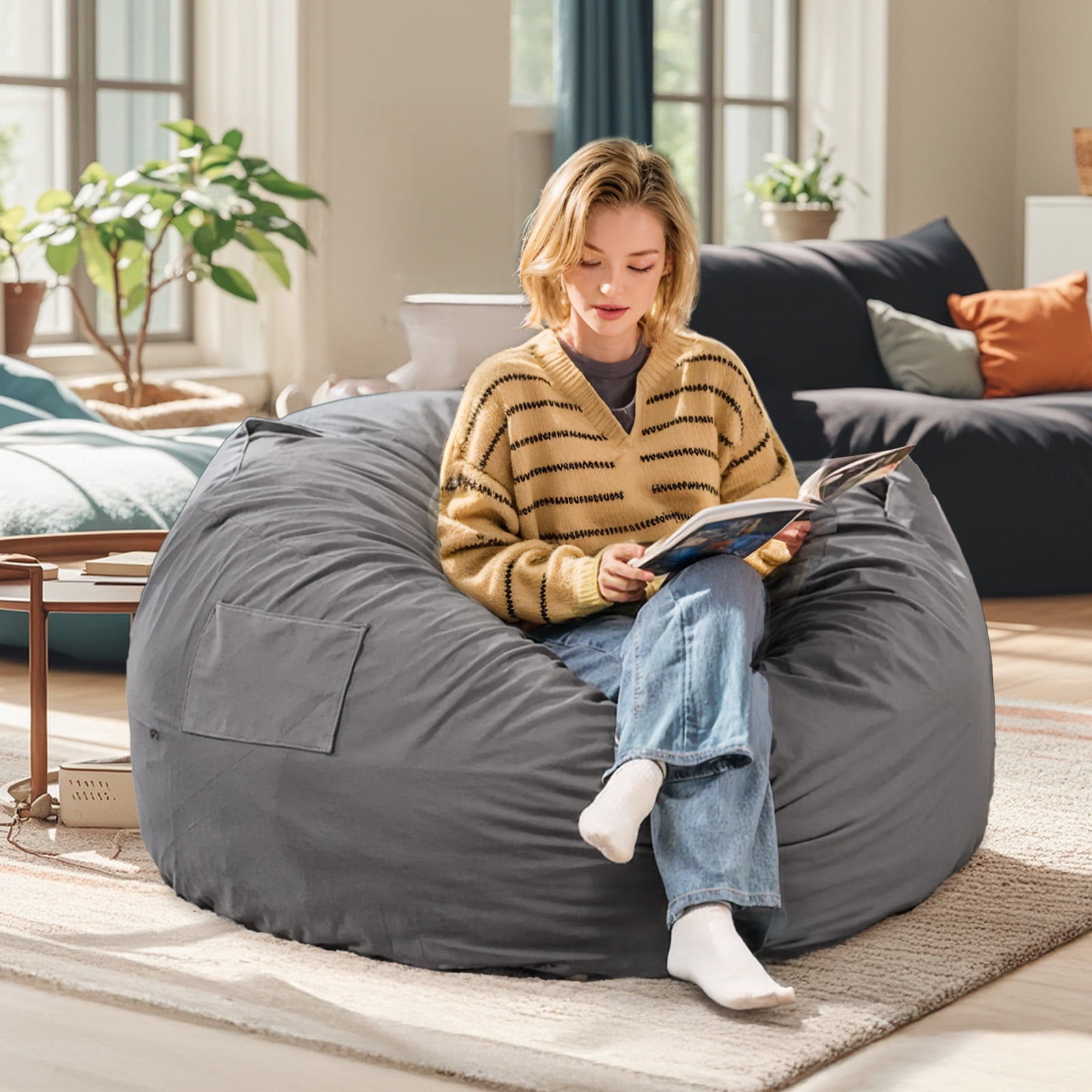Gianna 3FT Comfy Bean Bag Chair for Adults, Lounger with Removable Plush Cover, Dark Gray