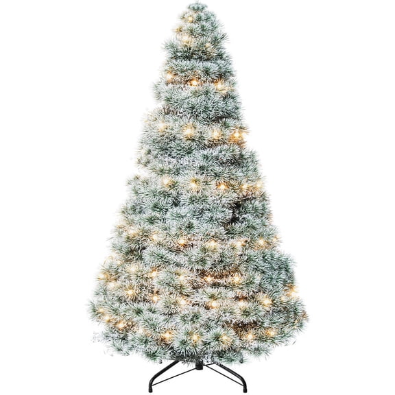Gianna 4.5ft Pre-lit Snow Flocked Artificial Christmas Tree, Prelighted Artificial Hinged Spruce Xmas Tree with 347 Branch Tips, 120 Incandescent Lights & Foldable Base for Home, Office, Party
