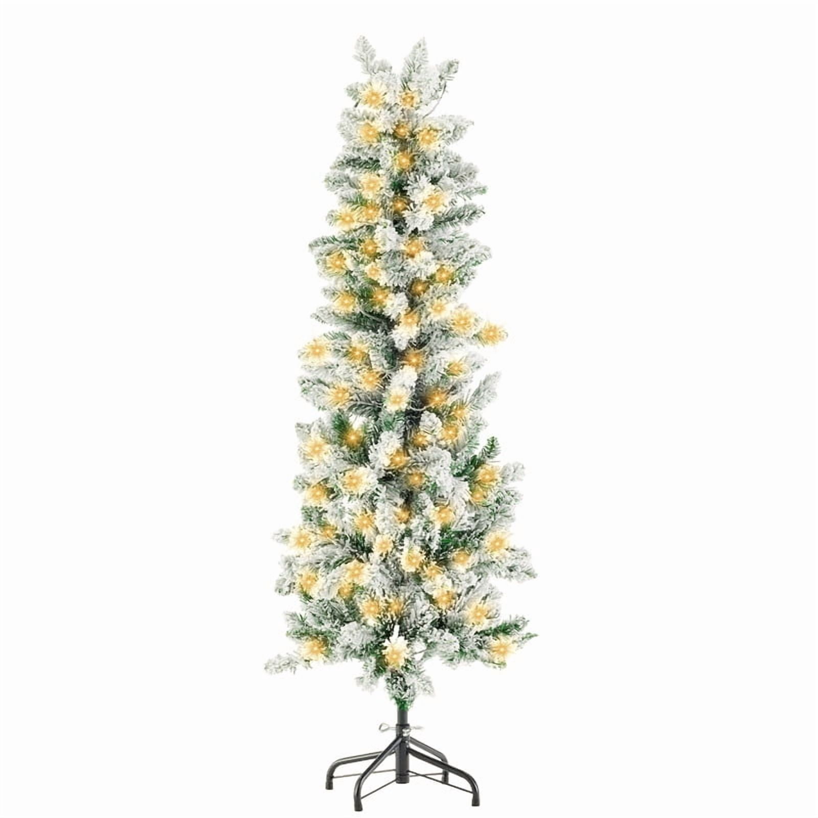 Gianna 4.5ft Snow Flocked Pencil Christmas Tree, Prelighted Artificial Slim Christmas Trees with 120 Incandescent Lights, 268 Branch Tips & Foldable Base for Home, Office, Party Decoration