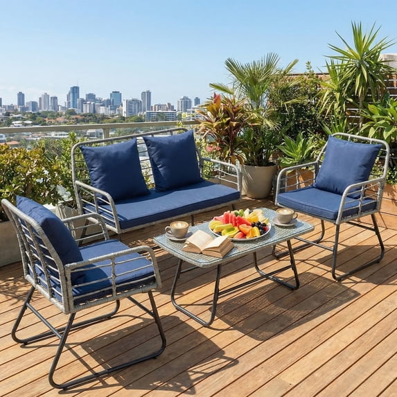 Gianna 4 Piece Patio Furniture Set, Outdoor Patio Seating Set for Apartment Balcony, Space-Saving Rattan Conversation Set with Loveseat and Side Table for Patio, Front Porch, Gray