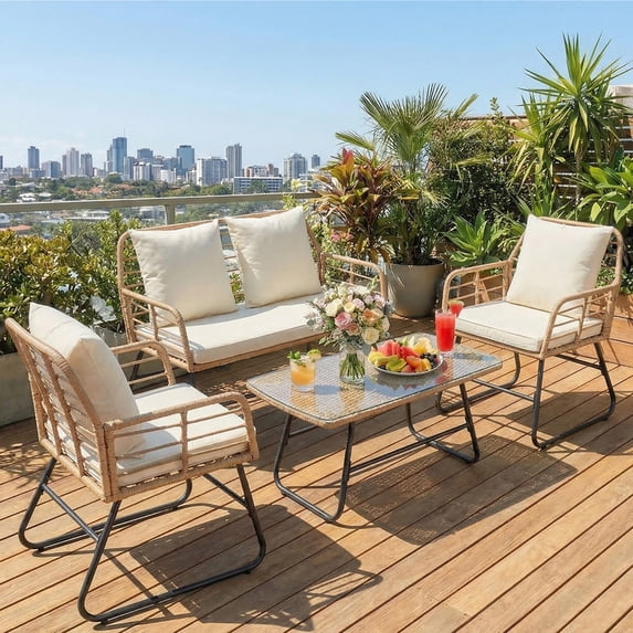 Gianna 4 Piece Patio Furniture Set, Outdoor Patio Seating Set for Apartment Balcony, Space-Saving Rattan Conversation Set with Loveseat and Side Table for Patio, Front Porch, Beige