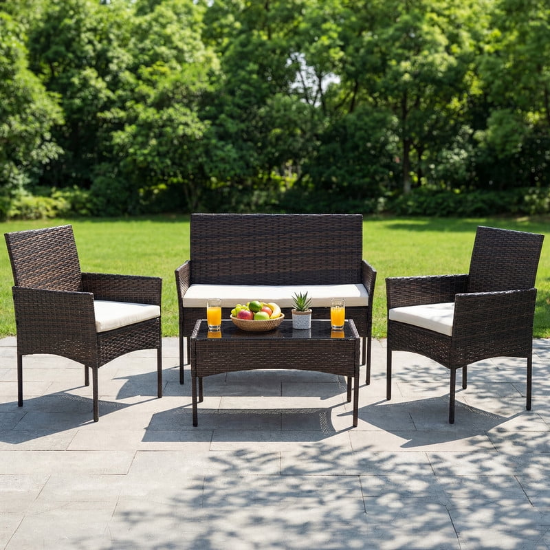 Gianna 4-Piece Patio Furniture Set, Outdoor Wicker Rattan Chairs with Removable Cushion & Glass Table, Conversation Furniture for Porch, Garden, Backyard, Poolside - Brown