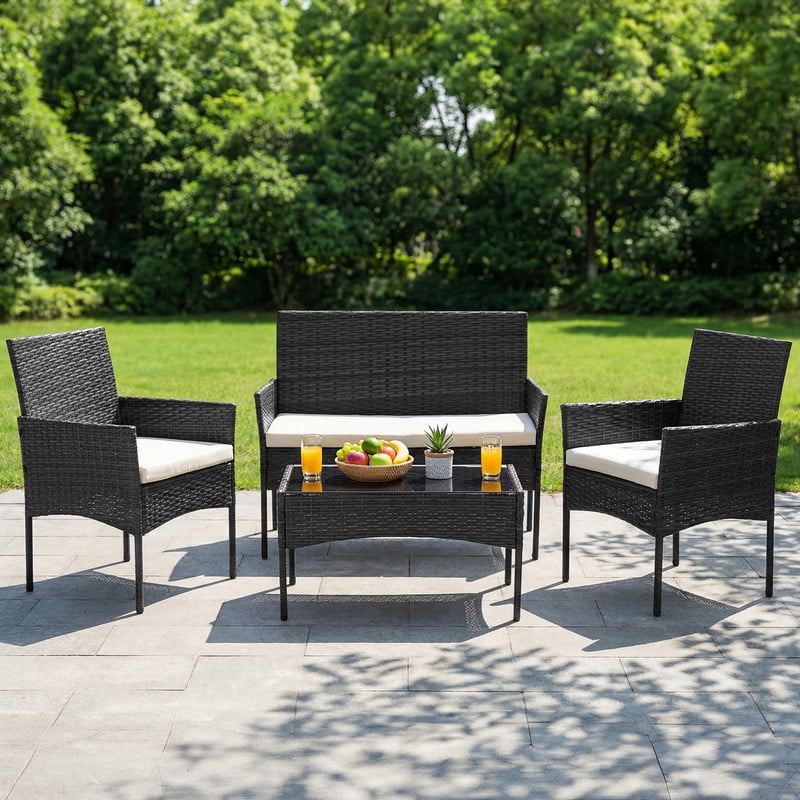 Gianna 4-Piece Patio Furniture Set, Outdoor Wicker Rattan Chairs with Removable Cushion & Glass Table, Conversation Furniture for Porch, Garden, Backyard, Poolside - Black(new style)