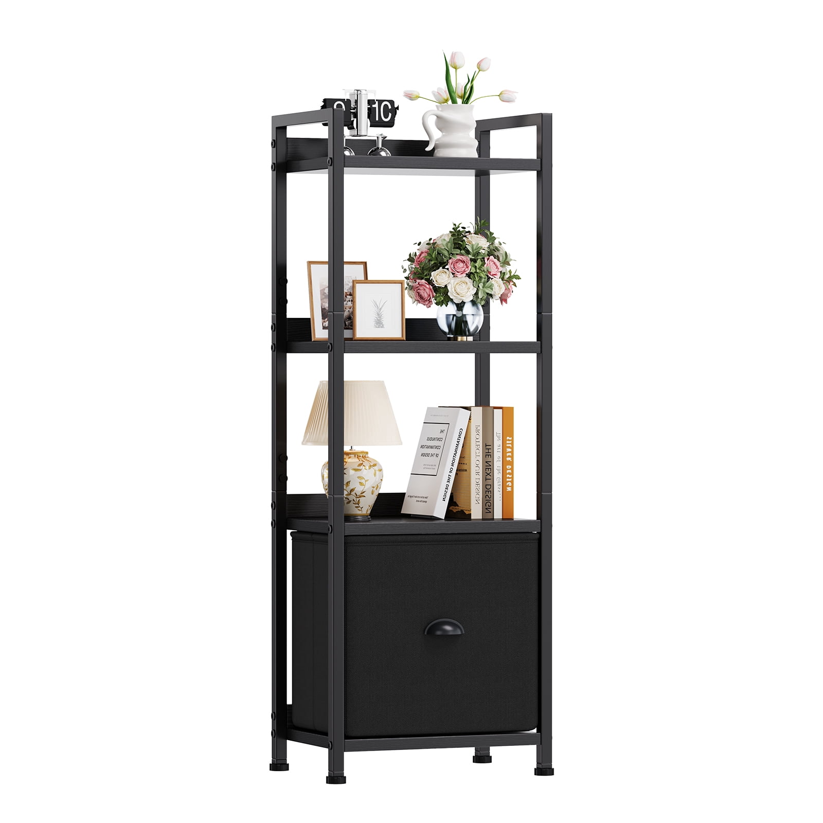 Gianna 4 Tier Bookshelf with Drawer, Tall Narrow Bookcase Storage Organizer, Wood and Metal Industrial Display Standing Shelf Unit for Bedroom Living Room Office, Black