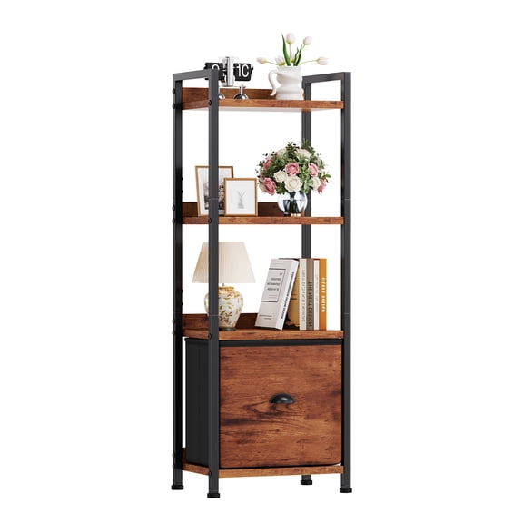Gianna 4 Tier Bookshelf with Drawer, Tall Narrow Bookcase Storage Organizer, Wood and Metal Industrial Display Standing Shelf Unit for Bedroom Living Room Office, Rustic Brown