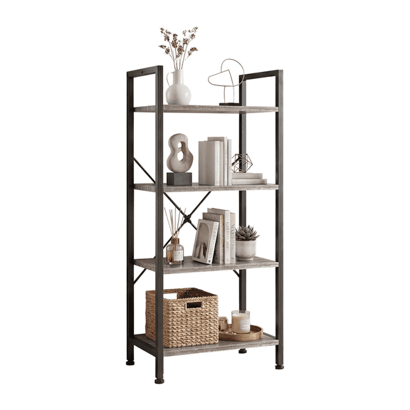 Gianna 4 Tier Bookshelf, Free Standing Shelf, Bookcase Shelf Storage Organizer, Industrial Book Shelves for Home Office, Living Room, Kitchen, Gray