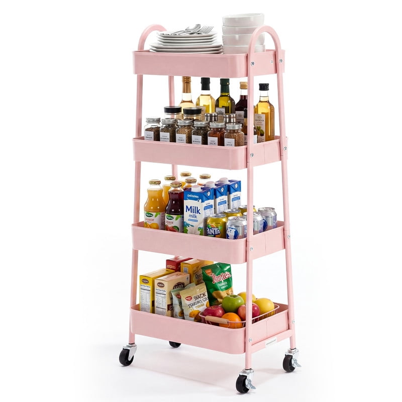 Gianna Utility Rolling Cart, 4‑Tier Slim Storage Design, Lockable Wheels, Metal, Pink