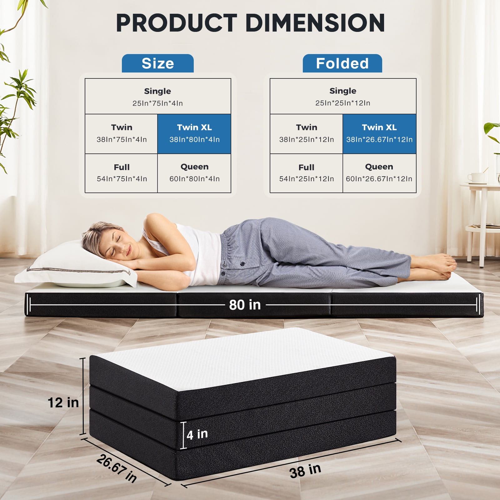 Gianna 4" Twin XL Size Tri-fold Memory Foam Mattress, Foldable Mattress