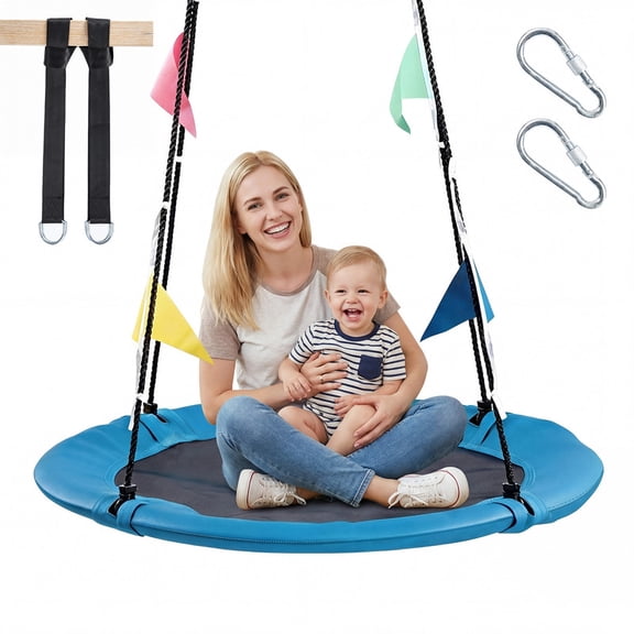 Gianna 40" Flying Saucer Swing for Kids, 33"-63" Adjustable Height Tree Swing with 4 Detachable Velcro Flags, Outdoor Swing Sets for Backyard, Blue