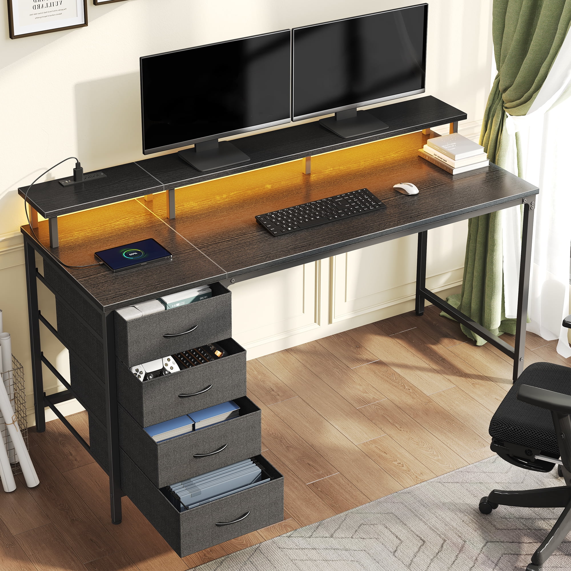 Gianna 40-Inch Computer Desk with Power Outlets and LED Lights, Gaming Desk with 4 Drawers and Monitor Stand for Small Spaces, Black