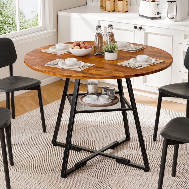 Gianna 42" Round Dining Table for 4-6, Space Saving Kitchen Table with Dual-Tier Storage, Pedestal Metal Frame, Industrial Farmhouse Circle Dinner Table for Apartment, Brown