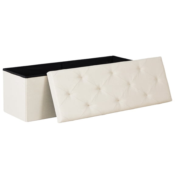 Gianna 43 Inch Folding Ottoman With Storage Bench, Bedside Storage Bench With Leather Top Cover and Cushion, Footrest Suitable for Bedroom, Living Room, Beige