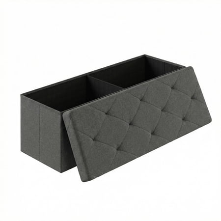 Gianna 43 Inch Folding Ottoman With Storage Bench, Bedside Storage Bench With Linen Top Cover and Cushion, Footrest Suitable for Bedroom, Living Room, Gray