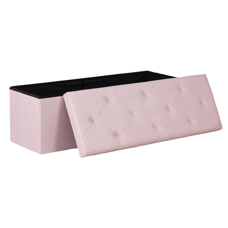 Gianna 43 Inch Folding Ottoman With Storage Bench, Bedside Storage Bench With Linen Top Cover and Cushion, Footrest Suitable for Bedroom, Living Room, Pink