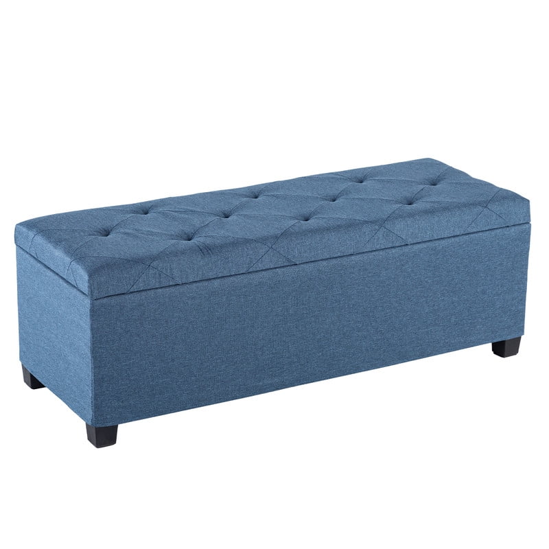 Gianna 43 Inch Storage Ottoman Bench, Tufted Upholstered End of Bed Chest, Foot Rest with Legs, Ample Capacity for Living Room, Entryway, Blue