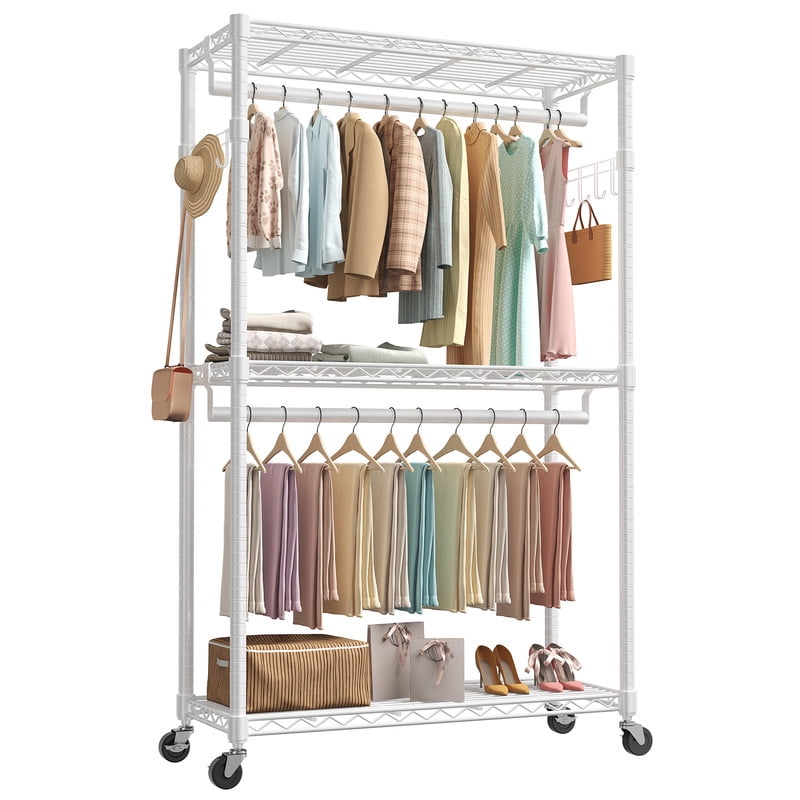 Gianna 45 Inch Rolling Clothes Rack, Adjustable Metal Shelves, Heavy Duty Clothes Rack with Side Hooks for Household, Laundry Room, White