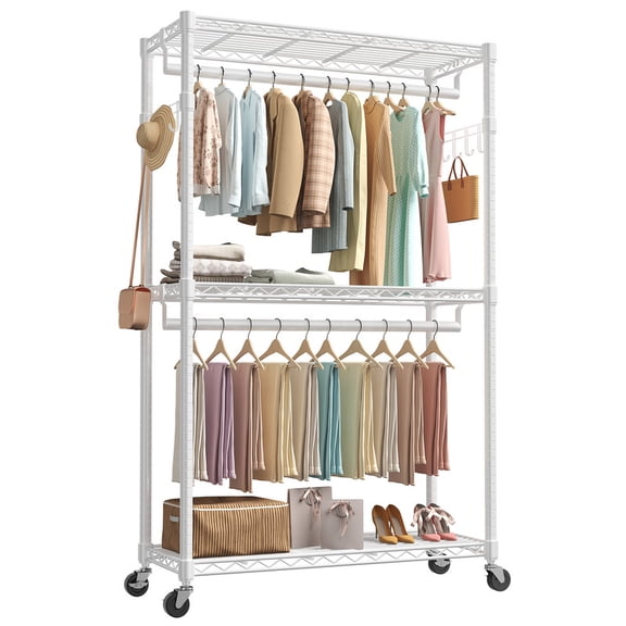 Gianna 45 Inch Rolling Clothes Rack, Adjustable Metal Shelves, Heavy Duty Clothes Rack with Side Hooks for Household, Laundry Room, White