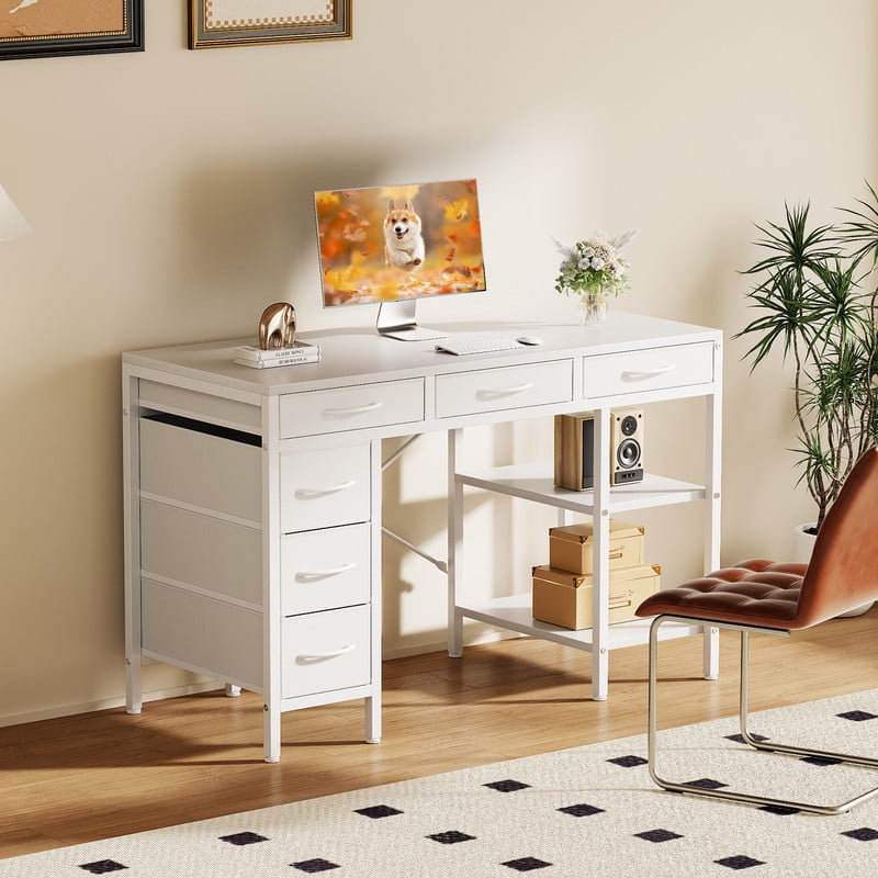 Gianna 47" Computer Desk with 6 Drawers, Home Office Gaming Desks with Storage Shelves for Bedroom, Writing Study Corner Living Room Work Table White