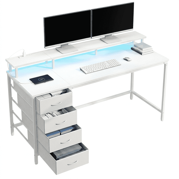 Gianna 47-Inch Computer Desk with Power Outlets and LED Lights, Gaming Desk with 4 Drawers and Monitor Stand for Small Spaces, White