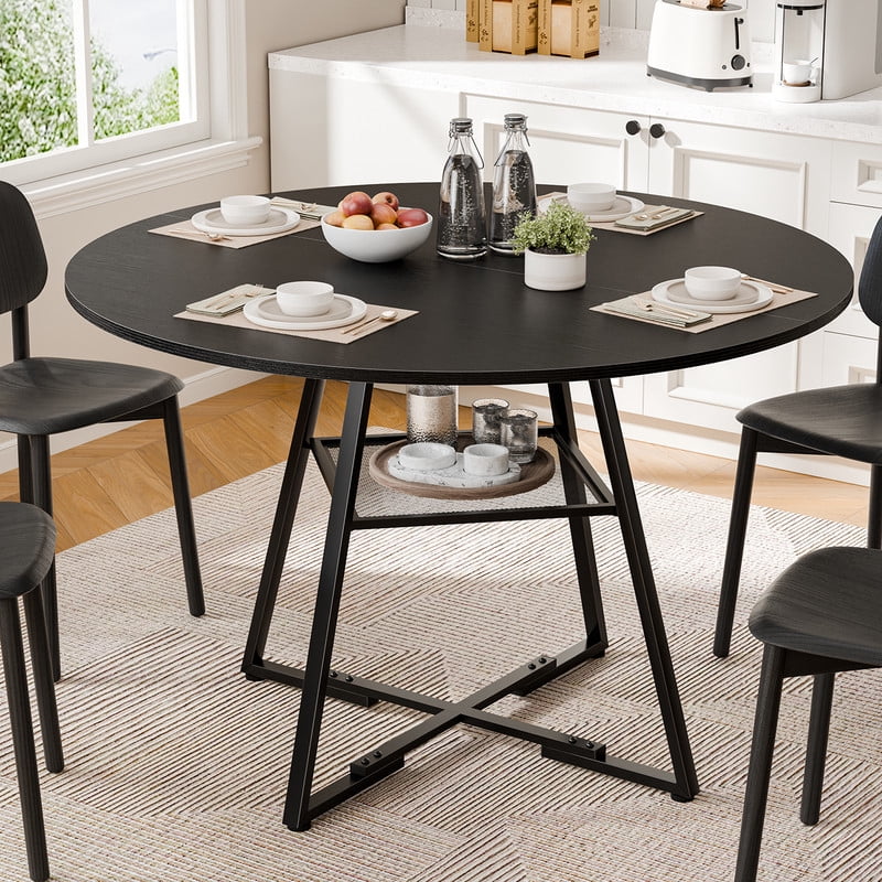 Gianna 47" Round Dining Table for 4-6, Space Saving Kitchen Table with Dual-Tier Storage, Pedestal Metal Frame, Industrial Farmhouse Circle Dinner Table for Apartment, Black