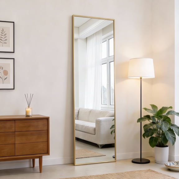 Gianna 47"x14" High-Quality Full Length Mirror, Aluminum Alloy Frame Ensures Stability, Standing Design for Bedroom, Gold