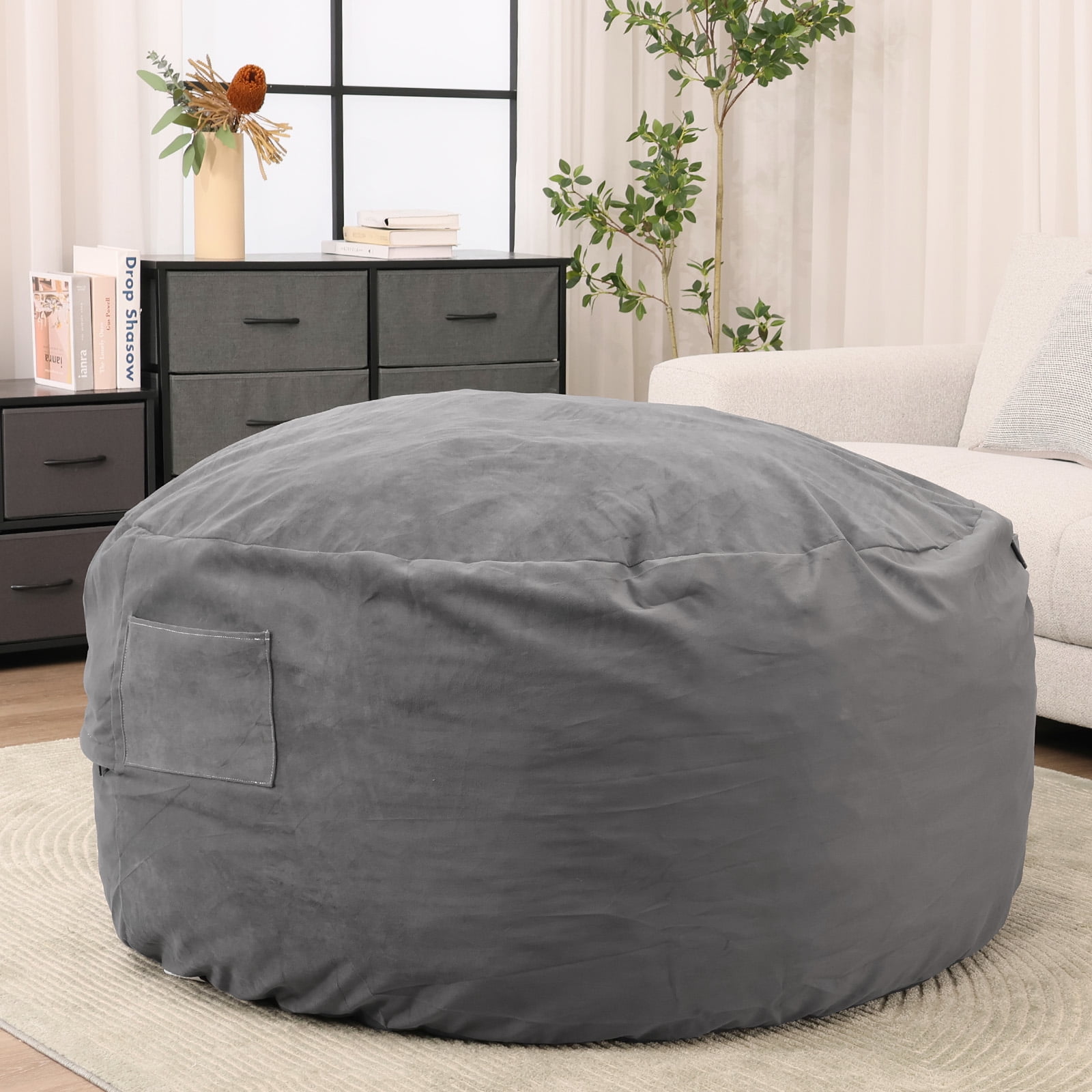 Gianna 4FT Comfy Bean Bag Chair for Adults, Large Lounger with Removable Plush Cover, Dark Gray