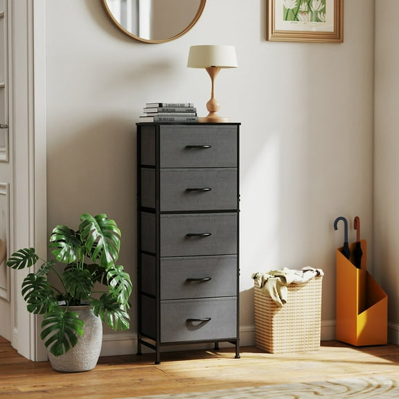 Gianna 5 Drawer Dresser with Fabric Bins, Sturdy Steel Frame and Wood Top, Storage Organizer Chest for Bedroom, Closet, Hallway, Gray