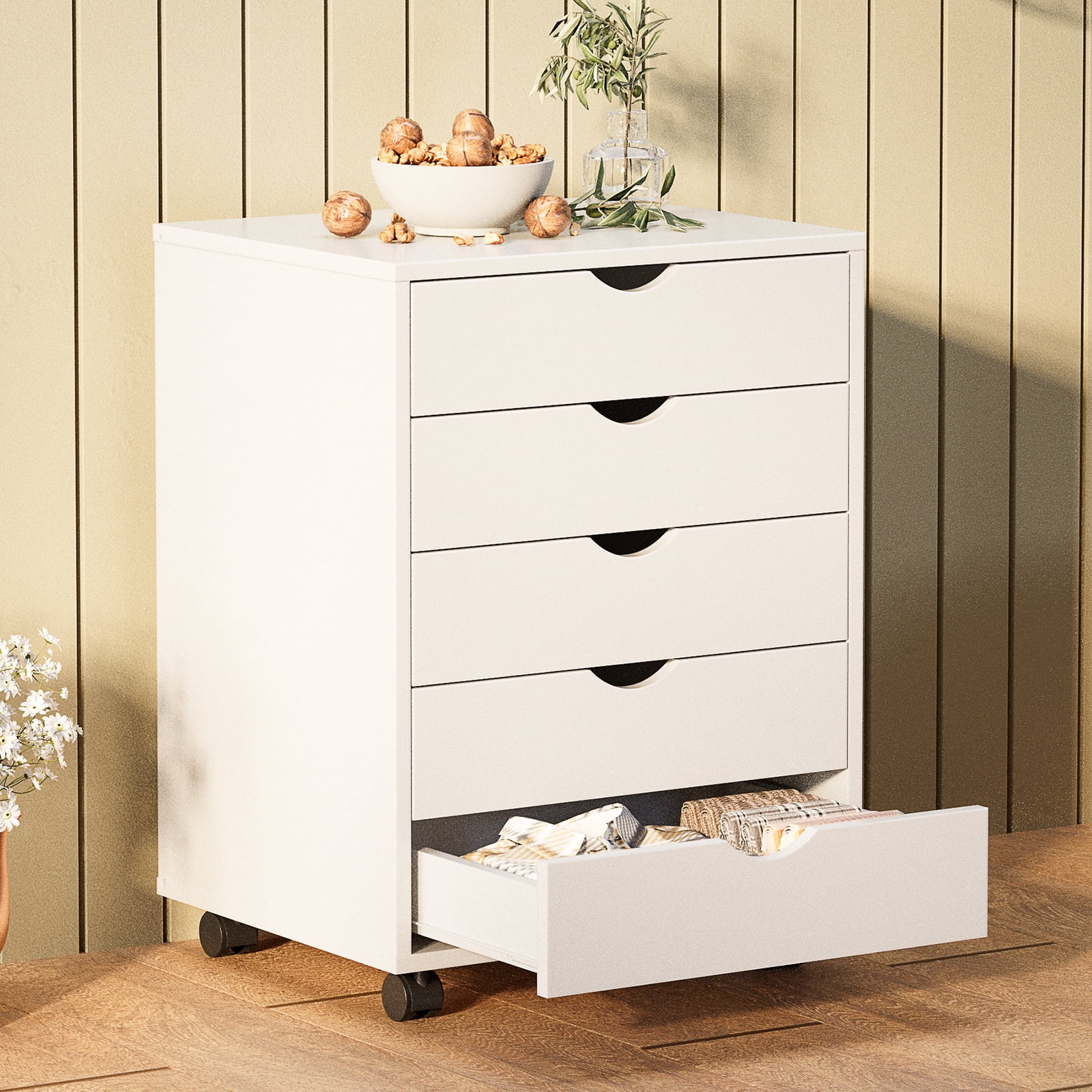 Gianna 5-Drawer Portable Storage Cabinet on Wheels for Office, Bedroom & Home Organization, White
