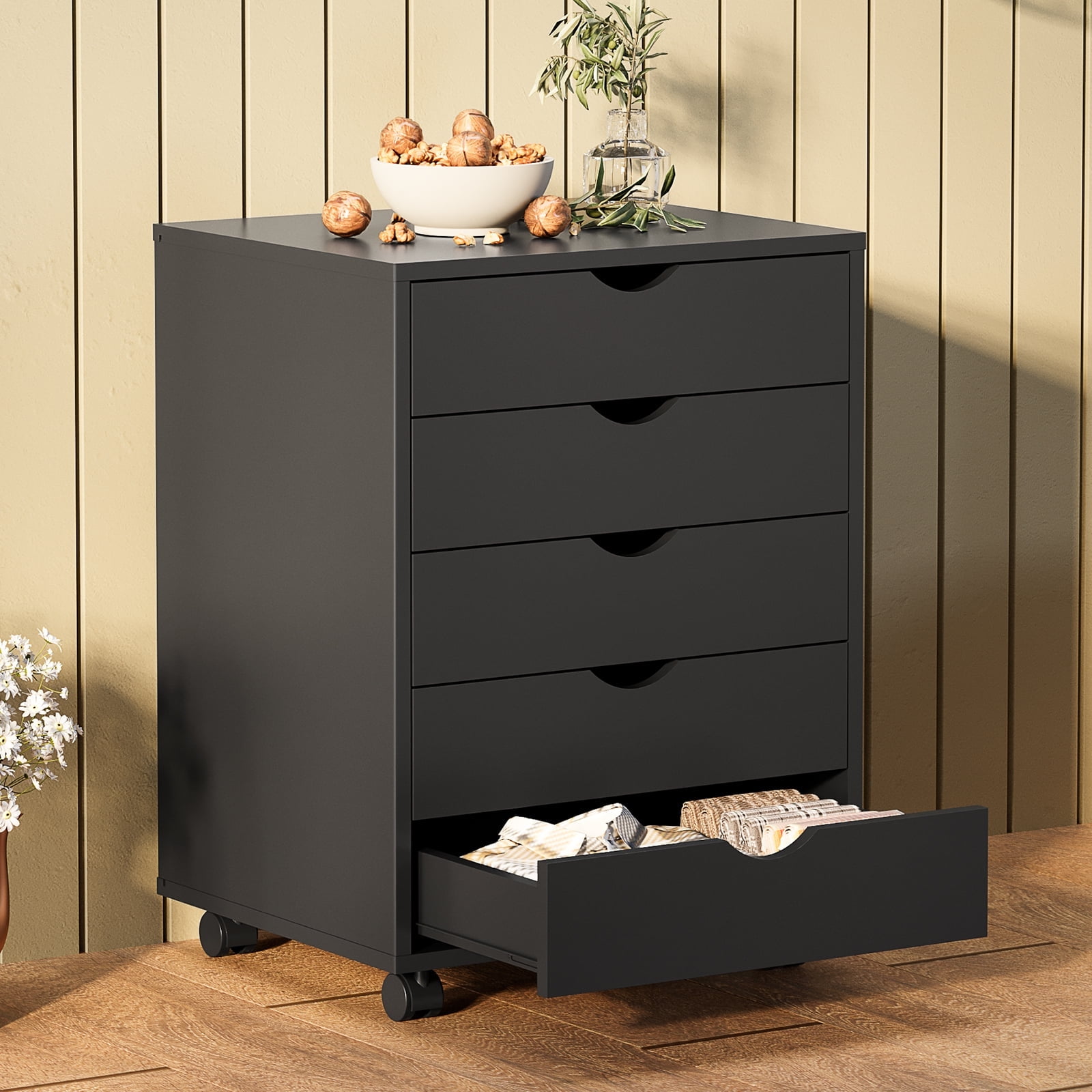 CONCETTA 5 Drawer Storage Cabinet with Wheels for Bedroom, Home, Office Organization, Black