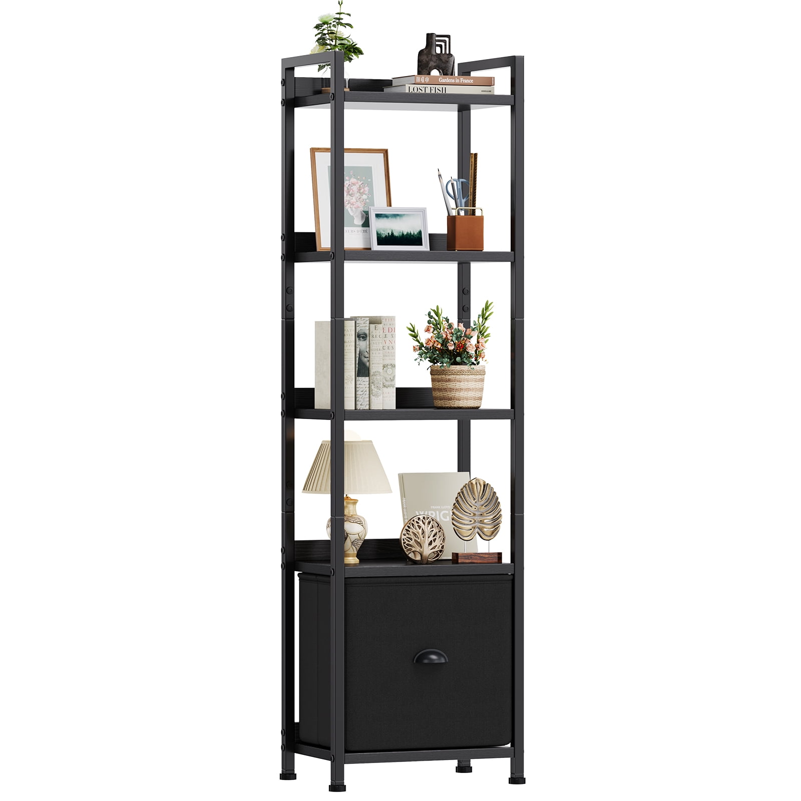 Gianna 5 Tier Bookshelf with Drawer, Tall Narrow Bookcase Storage