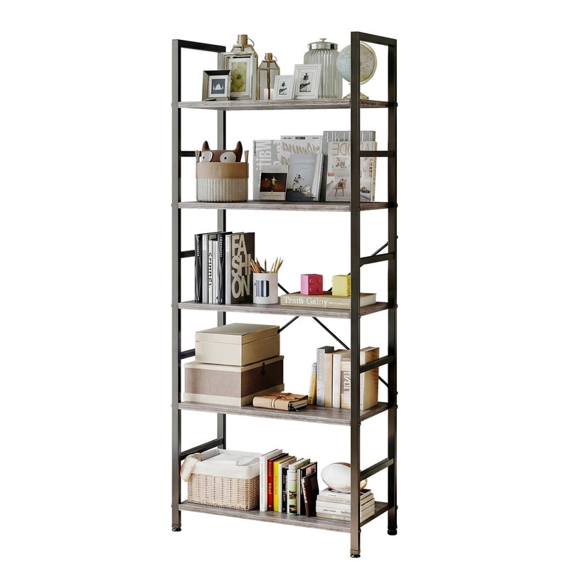 Gianna 5 Tier Bookshelf, Free Standing Shelf, Bookcase Shelf Storage Organizer, Industrial Book Shelves for Home Office, Living Room, Kitchen, Gray