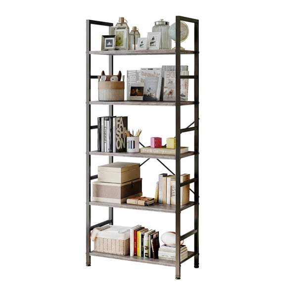 Gianna 5 Tier Bookshelf, Free Standing Shelf, Bookcase Shelf Storage Organizer, Industrial Book Shelves for Home Office, Living Room, Kitchen, Gray