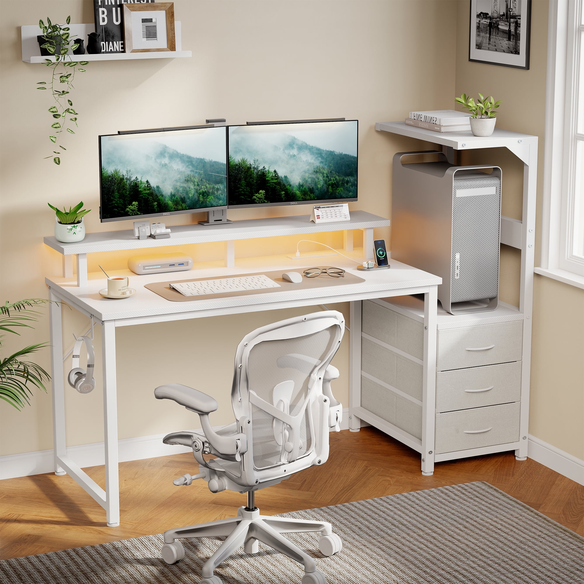 Gianna 52-Inch Gaming Desk with Hutch, LED Lights, USB Ports and 3 Fabric Drawers, Carbon Fiber