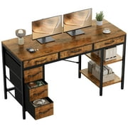 Gianna 55" Computer Desk with 6 Drawers, Home Office Gaming Desks with Storage Shelves for Bedroom, Writing Study Corner Living Room Work Table Rustic Brown