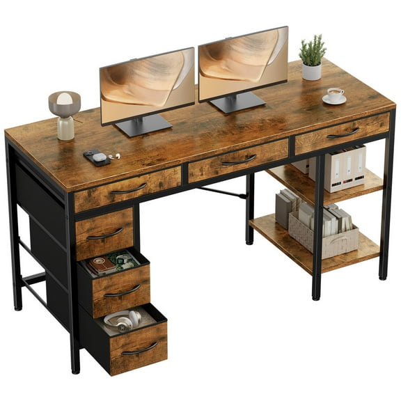 Gianna 55" Computer Desk with 6 Drawers, Home Office Gaming Desks with Storage Shelves for Bedroom, Writing Study Corner Living Room Work Table Rustic Brown