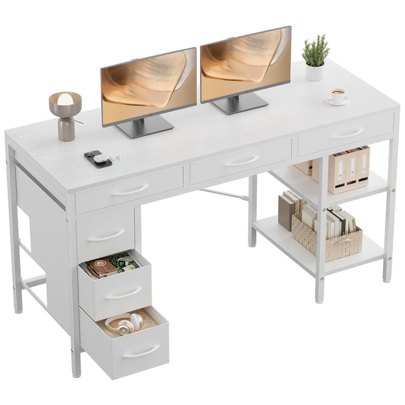 Gianna 55" Computer Desk with 6 Drawers, Home Office Gaming Desks with Storage Shelves for Bedroom, Writing Study Corner Living Room Work Table White