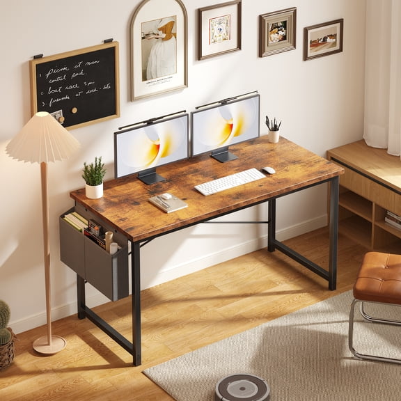 Gianna 55" Computer Desk with Metal Frame, Waterproof Surface and Storage Bag – Perfect for Office Use, Rust Brown